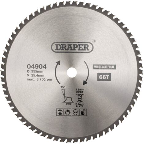 Draper TCT Multi-Purpose Circular Saw Blade, 355mm Diameter, 66 Teeth, 25.4mm Arbor, Model 04904