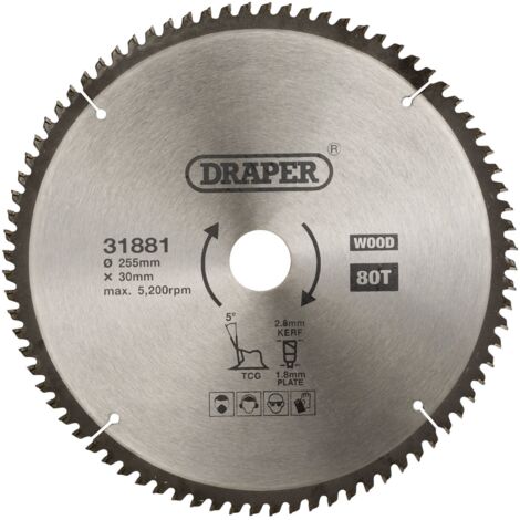 Draper TCT Triple Chip Grind Circular Saw Blade, 255mm Diameter x 30mm Arbor, 80 Teeth, Multi-Purpose, Model 31881