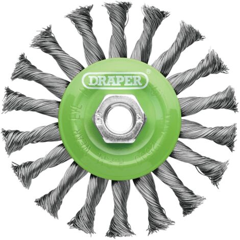 Draper TWIST SS Wire Wheel 115mm M14 Stainless Steel Twist-Knot Flat Wire Brush for Surface Cleaning and Rust Removal