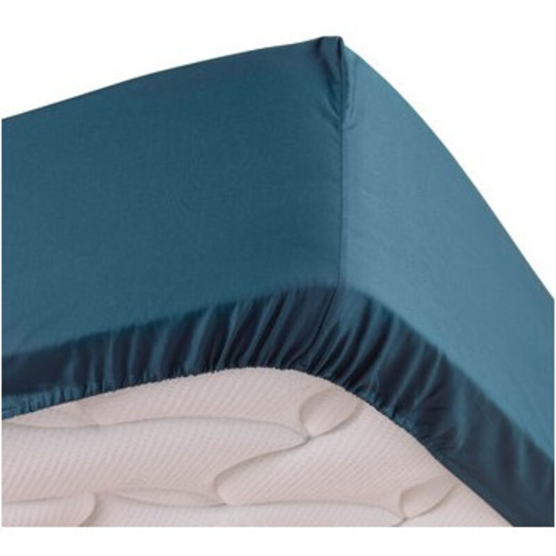 Douceur D'intérieur - Drap housse bleu 140 x 190 cm en percale bonnet 30 cm