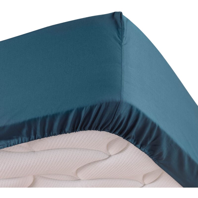 Drap housse bleu 160 x 200 cm en percale bonnet de 30 cm