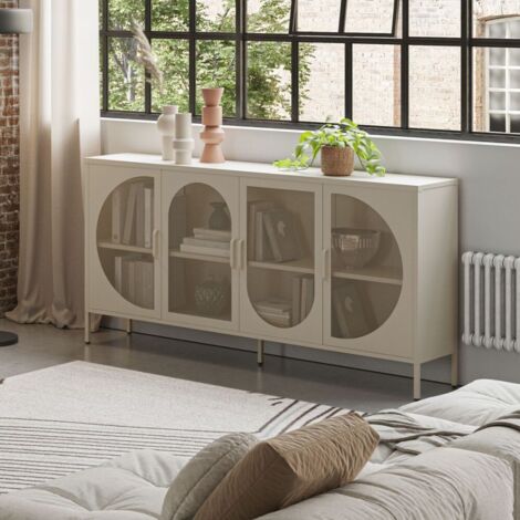 Drawer – Buffet en métal 4 portes réticulées crème 160x40x90 cm – Style industriel – 3 étagères spacieuses – Capacité 15 kg par étagère - 160x40x90H