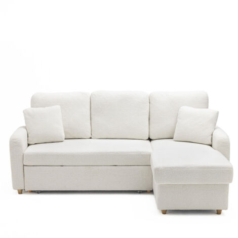 Drawer – Canapé d'angle convertible 3 places en tissu bouclette – Coffre de rangement intégré – Dimensions couchage 135x190cm – Blanc