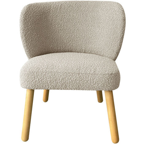Drawer – Fauteuil crapaud en tissu bouclette taupe – Structure en contreplaqué et mousse – Pieds en bois massif de pin – Dimensions 68x60x60 cm