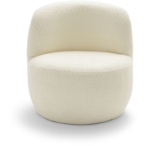 Drawer – Fauteuil rond en tissu bouclette – Blanc – Structure en contreplaqué et bois massif de pin – Dimensions 71,5 x 77 x 74 cm