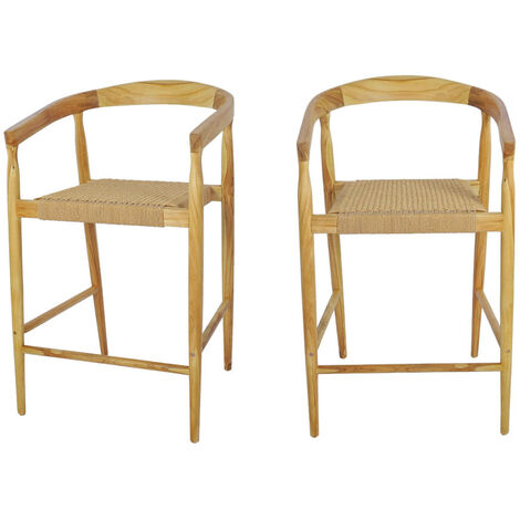 Drawer – Lot de 2 fauteuils de bar en teck massif et corde tressée – Hauteur d’assise 65 cm – Style bohème pour cuisine et bar