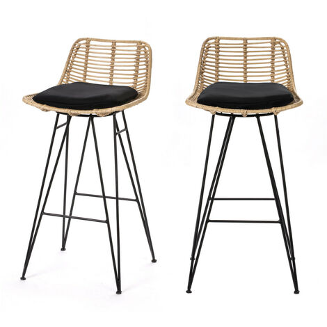 Drawer – Lot de 2 tabourets de bar en rotin tressé H67cm – Assise amovible et lavable – Piétement métal design contemporain – Pour cuisine et coin repas