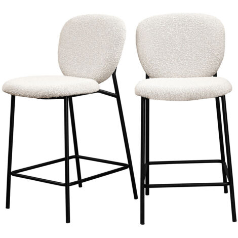 Drawer – Lot de 2 tabourets de bar en tissu bouclette et métal H65cm – Écru – Dossier ergonomique et repose-pieds pour confort optimal
