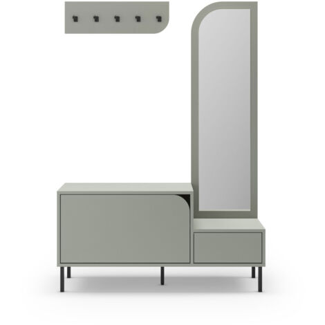 Drawer – Meuble d'entrée 2 portes avec miroir et portant en bois mélaminé et métal – H172cm – Rangement chaussures et accessoires – Vert amande