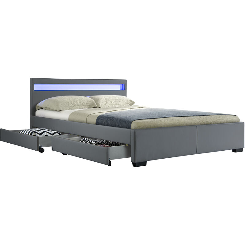 Lit Drawer PU Gris 140x190 cm + LED & 4 tiroirs - Gris