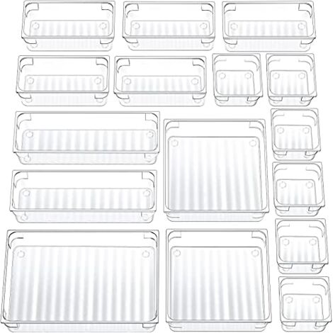 Drawer Organizers Set of 16, Makeup Organizer, Desk Organizer, Plastic Drawer Dividers for Kitchens/Offices/Bedrooms (Clear)