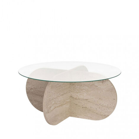 Drawer – Table basse ronde en verre trempé ø75cm – Mélaminé effet travertin – Hauteur 35cm – Style scandinave – Élégante et originale