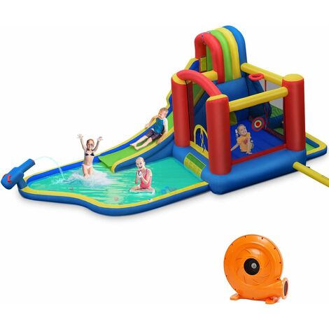 DREAMADE 7 en 1 Château Gonflable, Trampoline Gonflable Multifonctionnel avec Gonfleur, Sac de Rangement, pour Cour, Parc, Maison, pour Enfant, Charge Max 180 kg, 575x280x236cm, Multicolore
