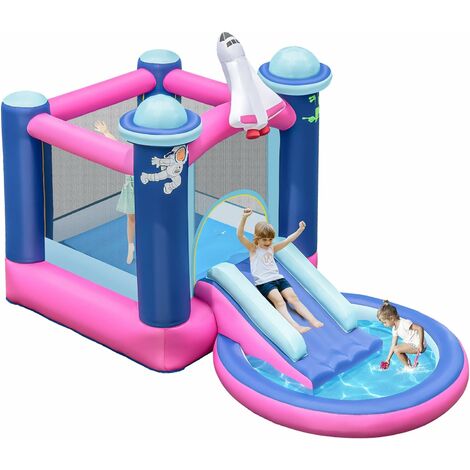 DREAMADE Château Gonflable avec Toboggan, Château Gonflable de 207 x 393 x 270 cm avec Gonfleur de 480 W, Structure Gonflable pour Enfants de 3 à 10 Ans, Capacité de Poids de 135 kg