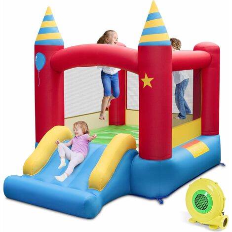 DREAMADE Château Gonflable avec Toboggan pour Enfants 3-10 Ans avec Grande Zone de Saut Large Toboggan Lisse Sac de Rangement Aire de Jeux Intérieure/Extérieure avec Gonfleur 480W