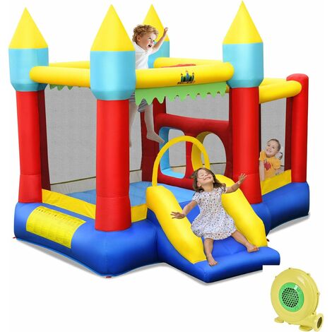 DREAMADE Château Gonflable avec Toboggan,Aire de Jeux Gonflable avec Panier de Basket,100 Boules et Ballon de Basket-Ball,pour Enfants 3-10 Ans Intérieur & Extérieur,313x301x245cm (avec Gonfleur 450W)
