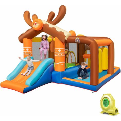 DREAMADE Château Gonflable en Forme de Renne, pour Enfants 3-12 Ans, Aire de Jeux Gonflable avec Toboggan, Accessoires et Sac de Transport Inclus, 420x310x260 CM (avec Gonfleur 450W)