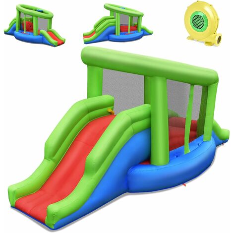 DREAMADE Château Gonflable en Forme d'Escargot pour 3-10 Ans, avec 2 Toboggans, Trampoline, Panier de Basket & Ballon, Aire de Jeux Charge 90 KG, Intérieur&Extérieur (avec Gonfleur 450W)