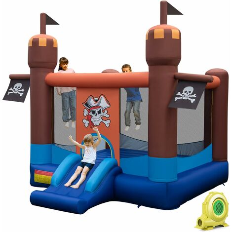 DREAMADE Château Gonflable Pirates avec Toboggan et Panier de Basket-Ball, Structure Gonflable d'Intérieur pour Enfants avec Piquets, Kit de Réparation et Sac de Transport (sans gonfleur)