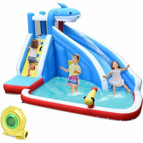 DREAMADE Château Gonflable pour Enfants 3-10 Ans, Aire de Jeux Gonflable avec Toboggan Aquatique, Mur d’Escalade & Piscine (Requin avec Gonfleur 680W)