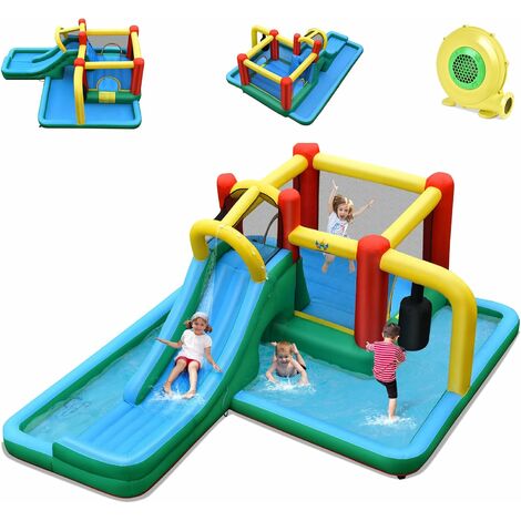 DREAMADE Château Gonflable pour Enfants 3-10 Ans, Aire de Jeux Gonflable avec Zone de Saut, Mur d’Escalade, Toboggan Aquatique, Piscine, Tunnel &Pendule (avec Gonfleur 680W)