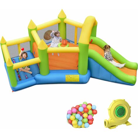 DREAMADE Château Gonflable pour Enfants 3-10 Ans, Aire de Jeux Multifonctionnelle avec Zone de Saut, Toboggan, Piscine à Balles, Panier de Basket(avec Gonfleur 450W)