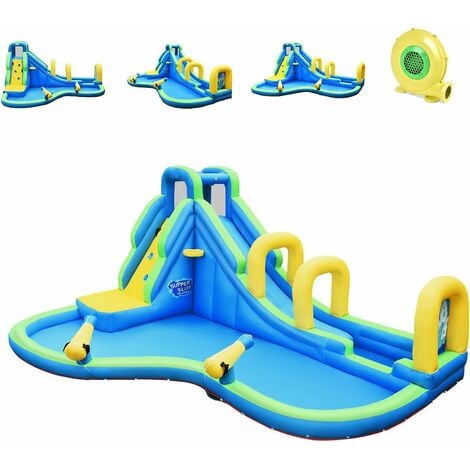 DREAMADE Château Gonflable pour Enfants 3 - 12 Ans, Aire de Jeux Gonflable avec Toboggan Aquatique, Mur d’Escalade & Piscine, Accessoires Riches, Charge Max. 120 KG (avec Gonfleur 680W)
