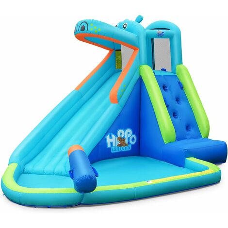 DREAMADE Château Gonflable pour Enfants, Aire de Jeux Gonflable avec Toboggan Aquatique, Mur d’Escalade & Piscine, Souffleur Non Inclus (Apparence d'Hippopotame)