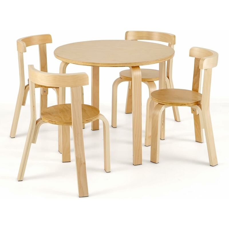 Dreamade - Ensemble de Table et 4 Chaises en Bois pour Enfants avec Dossier Incurvé, Table d'Activités avec 4 Chaises pour Tout-Petits pour