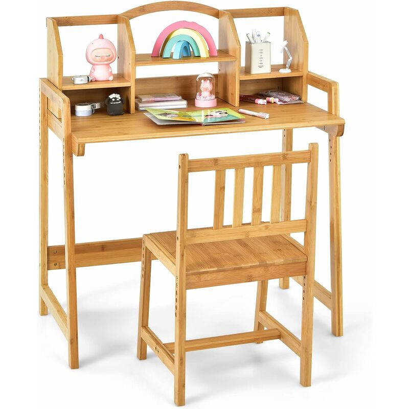 Ensemble Table Chaise Enfant en Bambou Bureau et Chaise d'Activité Tout-Petits Étagère Réglable en Hauteur, Poste de Travail d'Étude Enfant