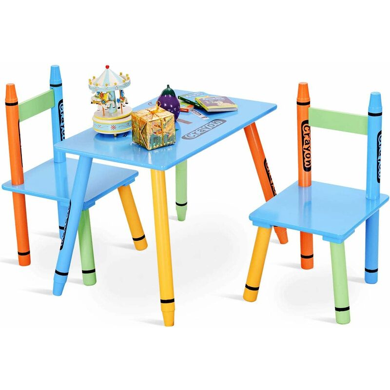 Dreamade Ensemble Table et 2 Chaises Enfant en Bois avec Forme de Crayon pour Trvailler,Manger,Dessiner,Jouer Filles et Garçons 60 x 36,5 x 42CM