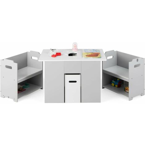 DREAMADE Ensemble Table et Chaises Enfants 4 en 1 avec Couvercle Amovible,Bureau Polyvalent avec 2 Bac de Rangement,Table d'Activités en MDF Tout-Petits 3+Ans,Charge 90+30kg (Gris)