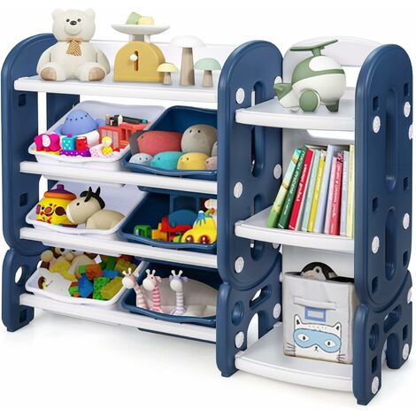 DREAMADE Etagère de Rangement Jouets pour Enfant à 4 Niveaux avec 1 Plateau, 6 Paniers Amovibles & 3 Etagères à Livres, Meuble de Rangement pour Chambre d'enfant,Salle de Jeu, 112x35x92CM (Bleu)
