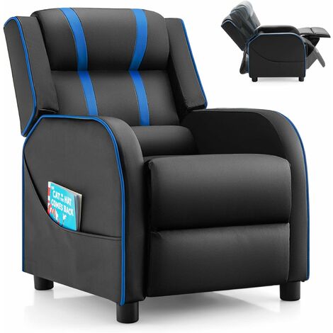 DREAMADE Fauteuil Inclinable Enfant 3-12 Ans avec Repose-Pieds Réglables Fauteuil Relax Rembourré en Cuir avec 2 Poches Latérales Chaise Longue Ergonomique Hauteur Dssise 35,5 CM (Bleu)
