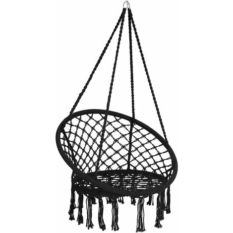 DREAMADE Hamac Chaise Suspendu Tricotée par Corde en Coton avec Franges, Chaise Balançoire Macramé en Acier pour l'Intérieur/Extérieur, Jardin, Terrasse, Cour, Sallon etc, Charge 150KG (Noir)
