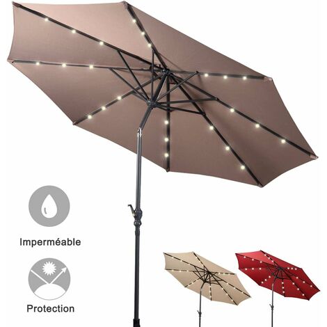 DREAMADE Parasol Déporté Inclinable de Jardin en Fer et Polyester 3M avec Manivelle Rotative 24 Lampes à LED Panneau Solaire de 1,5W Rouge Vineux Beige Brun (Brun)