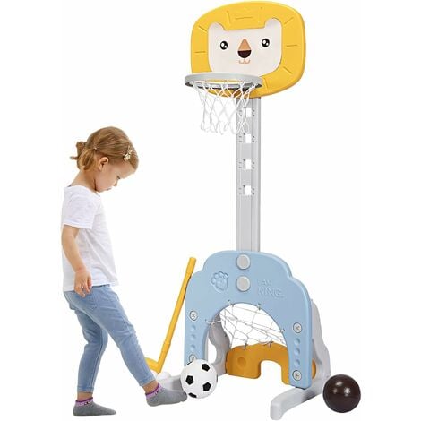 DREAMADE Support de Basketball pour Enfants 3-en-1 avec But de Foot et Clubs de Golf, Panier de Basket Réglable en Hauteur de 77 CM à 116 CM avec Basket / Football / Golf, Enfants 2 Ans+ (Lion, jaune)