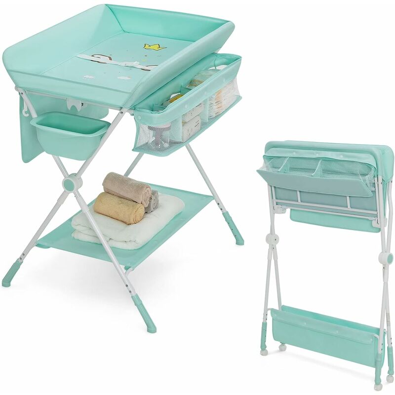 Dreamade - Table à Langer 3 en 1 avec Baignoire Bébé,Support Matelas à Langer Pliable avec Ceinture de Sécurité,Réglable en Hauteur &Sac de