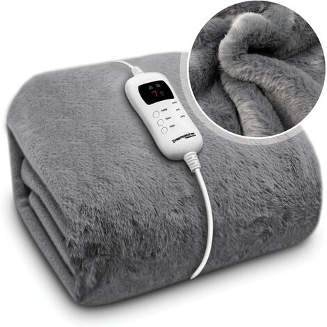 Dreamcatcher Electric Blanket Faux Fur Heated Throw Blanket 160x130cm Machine Washable Thermal & Timer 9 Heat Settings Dark Grey
