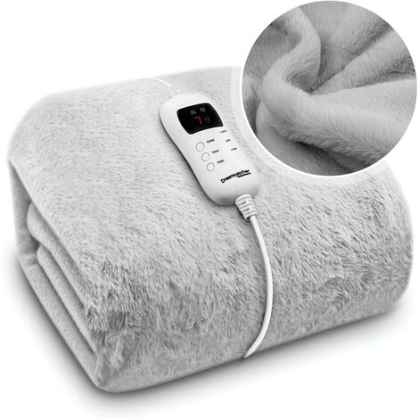 Dreamcatcher Electric Blanket Faux Fur Heated Throw Blanket 160x130cm Machine Washable Thermal & Timer 9 Heat Settings Light Grey