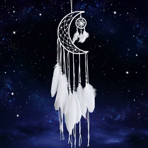 Dreamcatcher Handmade Moon Design with Feathers Dream Catcher Wall Hanging Home Decoration Ornament Festival Craft Gift (White)