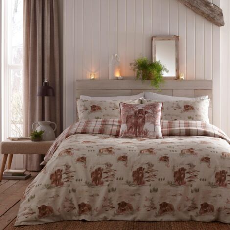 Dreams & Drapes Lodge - Hanson Highland Cow - Set copripiumino in cotone spazzolato, per letto matrimoniale, colore: terracotta