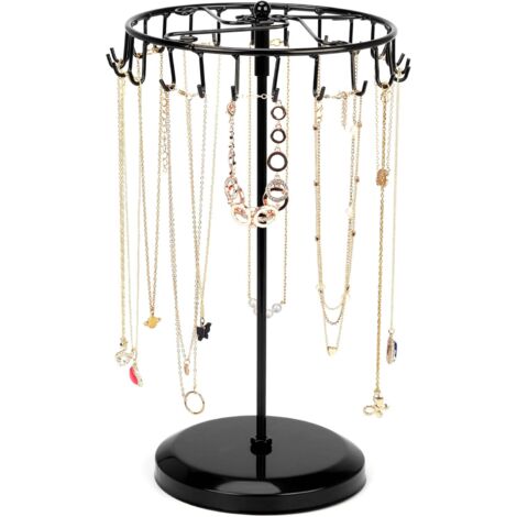 Drehbarer Schmuckhalter aus schwarzem Metall mit 23 Haken – 20 x 34 cm – Halter für Halsketten, Armbänder, Ringe und Ohrringe