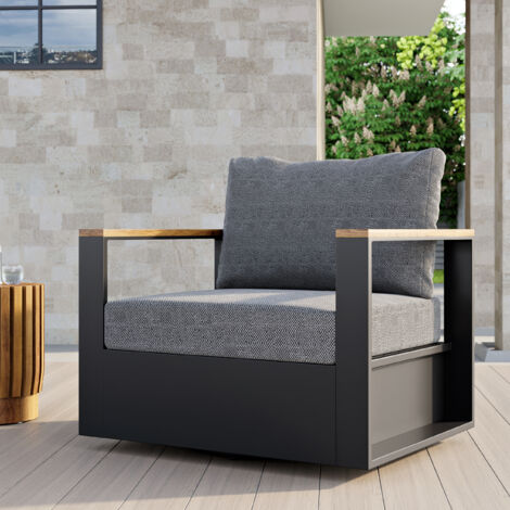 Drehstuhl für den Außenbereich, grau, aus Holz und rostfreiem Aluminium - 360° drehbar, 2 wasserabweisende, fleckenbeständige Kissen, abnehmbare Bezüge, für Terrassen