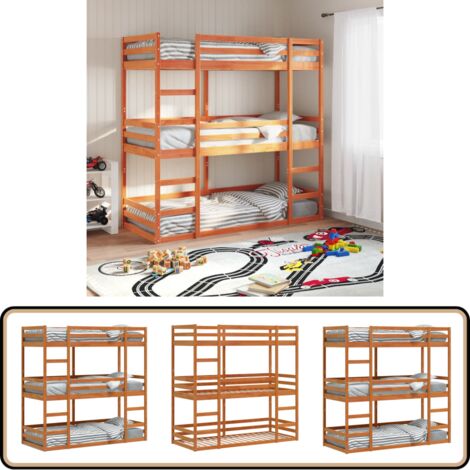 Dreifach-Etagenbett Wachsbraun 75x190 cm Massivholz Kiefer - Holzbett - Etagenbett - Kinderzimmer - Jugendzimmer - Gästebett