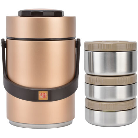 Dreilagige, isolierte Lunchbox aus Edelstahl 304, 2000 ml, tragbar und vakuumisoliert, goldfarben