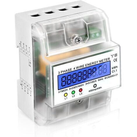 Dreiphasen-Digitalstromzähler, Dreiphasen-Stromzähler, 4-Draht-DIN-Schienenzähler, kalibrierter Stromzähler, LCD-Anzeige, 3 x 230/400 V, 3 x 5 (100) A, 400 imp/kWh