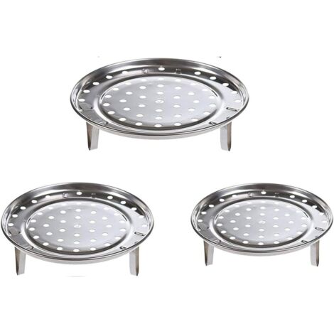 Dreiteiliges Set runder Edelstahl-Dampfgareinsätze mit abnehmbaren Füßen zum Dämpfen von Speisen ein praktisches und gesundes Küchenaccessoire.