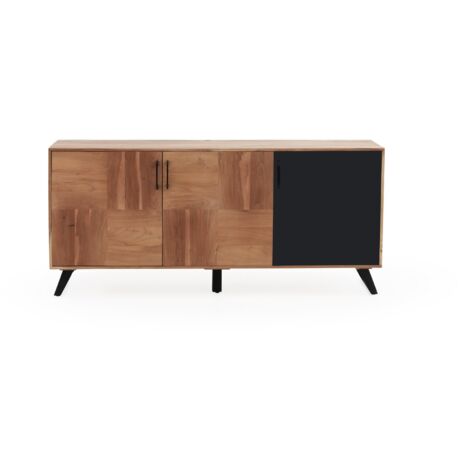 Dreitüriges Sideboard in Schwarz, aus massivem, recyceltem Akazienholz mit schwarzen Metallbeinen