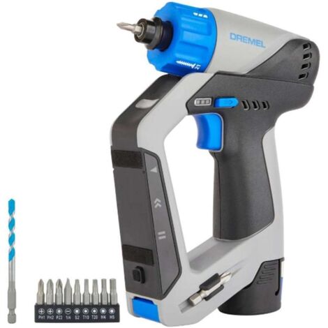 Dremel Blueprint 12V 3 en 1 Atornillador/Taladro Sin Cable y Escobillas Kit con Detector, Nível Láser Extraible, 9x Puntas de Atornillar, 1x Broca Multimaterial, Nivel de Burbuja